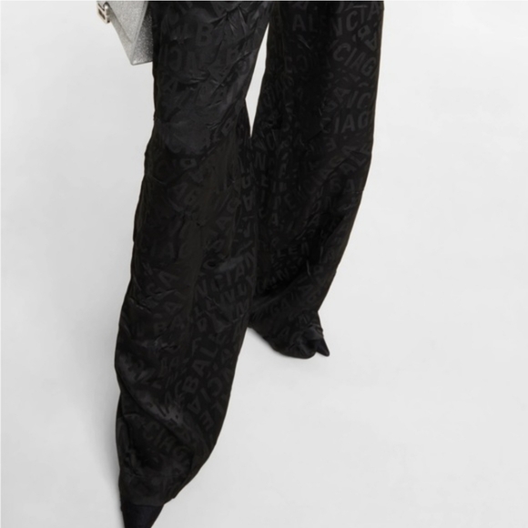 Balenciaga Women's Black Silk Logo Wide-Leg Pants - Picture 2 of 5
